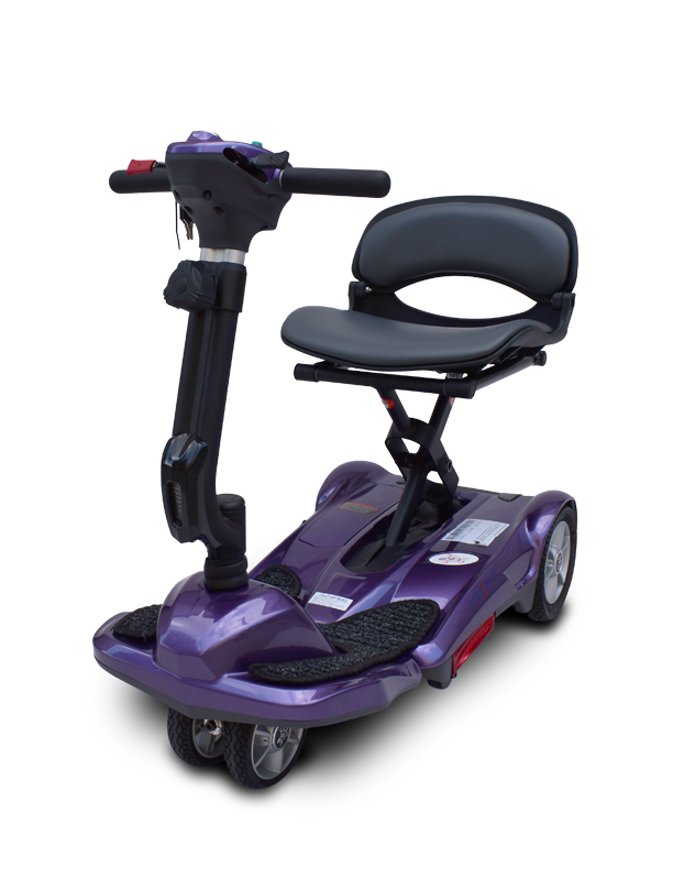 Transport M Easy Move Folding Scooter in purple|Transport M Easy Move Folding Scooter in blue by EV Rider|Transport M Easy Move Folding Scooter in copper|Transport M Easy Move Folding Scooter in red|8 inch solid, flat free tires and dual|Rear anti-tipper caster|Optional Electric Horn with 3 sounds|Optional deluxe cup holder|OPtional Deluxe Tiller bag|Optional Tiller and Seat Cover set ( 2pc)