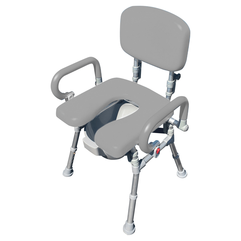 UltraCommode Folding Commode Chair in gray|UltraCommode Folding Commode Chair in blue|Fold compactly for ease of storage anywhere!|UltraCommode Folding Commode Chair folds compactly|Large commode pail comes standard|Chair is lightweight and portable|Seat can be used in the shower|UltraCommode Folding Commode Chair diagram