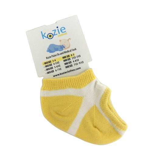 Medical K.Sock with dog pattern being worn|Plain white and yellow Medical K.Sock by Kozie Clothes|Medical K.Sock with dog pattern