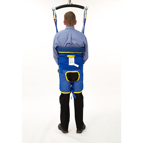 Front view of the Handicare Full Standing Support Sling|Back view of the Handicare Full Standing Support Sling|Side view of the Handicare Full Standing Support Sling|Closeup of waist band of the Full Standing Support Sling|Leg straps for the Full Standing Support Sling are secured with buckles