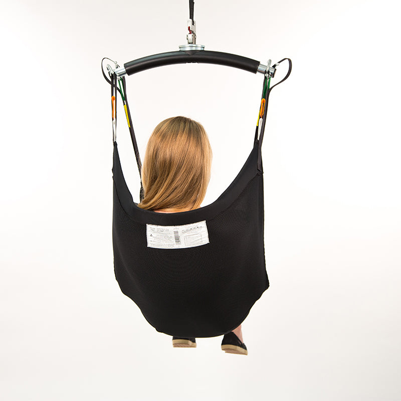 Handicare Comfort Sling without head support|Handicare Comfort Sling without head support front view|Handicare Comfort Sling without head support side view|Handicare Comfort Sling without head support back view|Handicare Comfort Sling with head support|Closeup of the leg separation of the Handicare Comfort Sling