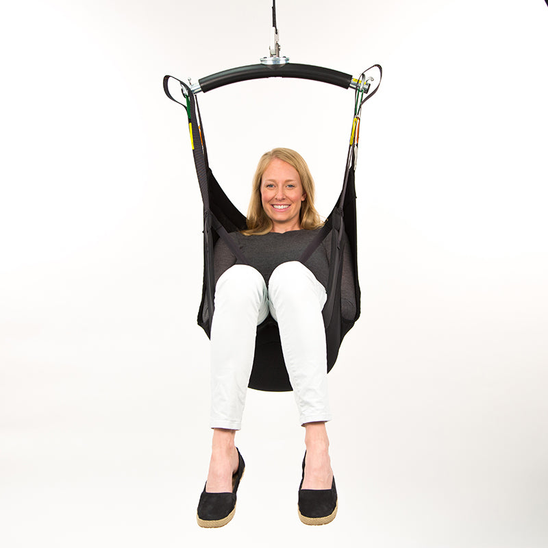 Handicare Comfort Sling without head support|Handicare Comfort Sling without head support front view|Handicare Comfort Sling without head support side view|Handicare Comfort Sling without head support back view|Handicare Comfort Sling with head support|Closeup of the leg separation of the Handicare Comfort Sling