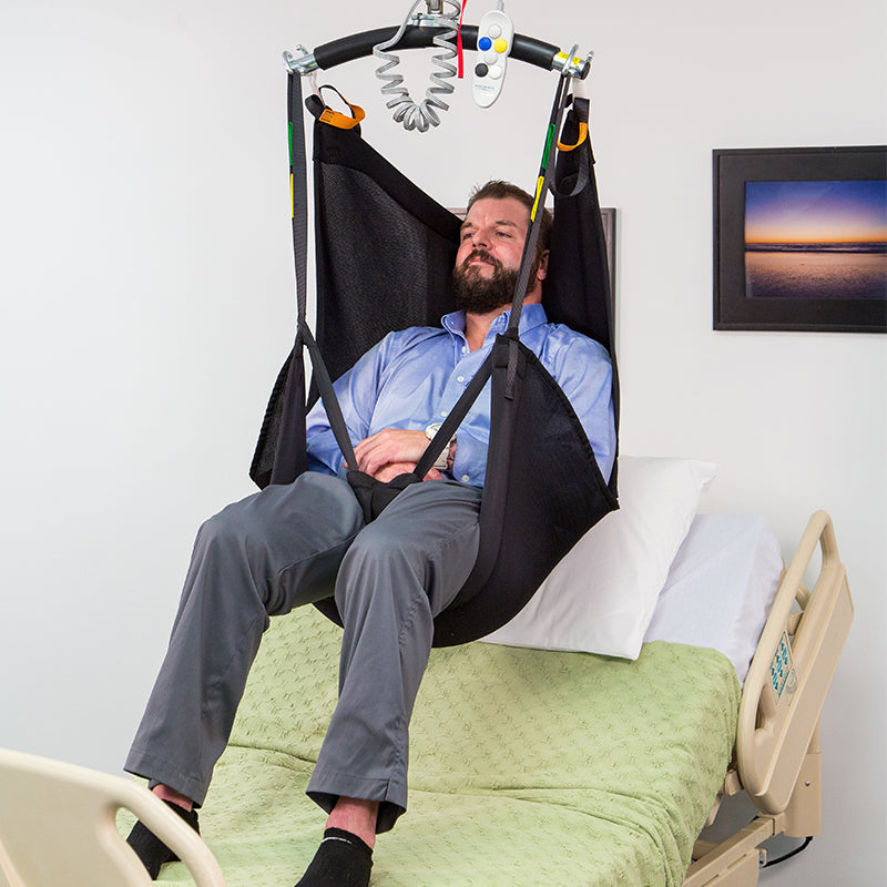 Handicare Comfort Sling without head support|Handicare Comfort Sling without head support front view|Handicare Comfort Sling without head support side view|Handicare Comfort Sling without head support back view|Handicare Comfort Sling with head support|Closeup of the leg separation of the Handicare Comfort Sling