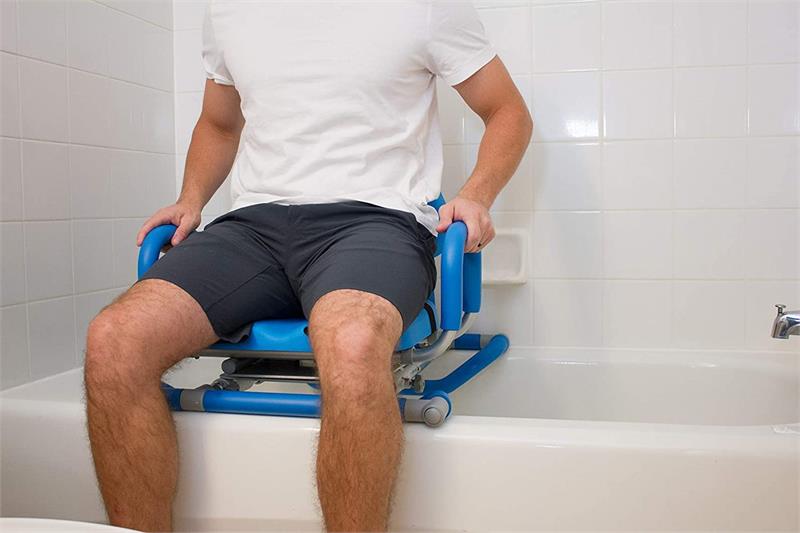 Hydroslide Sliding Bath Chair allows easy seated entry to a tub by swiveling and just lifting your legs
