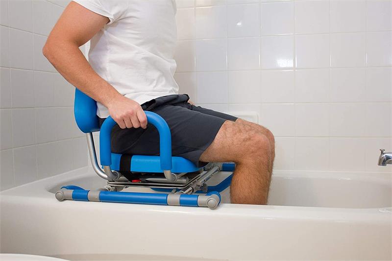 Hydroslide Sliding Bath Chair allows user to remain in a seated position and the swivel seat eliminates twisting and turning.