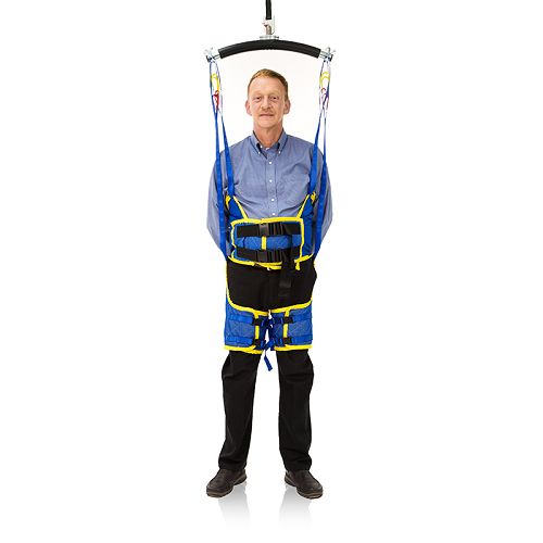 Front view of the Handicare Full Standing Support Sling|Back view of the Handicare Full Standing Support Sling|Side view of the Handicare Full Standing Support Sling|Closeup of waist band of the Full Standing Support Sling|Leg straps for the Full Standing Support Sling are secured with buckles