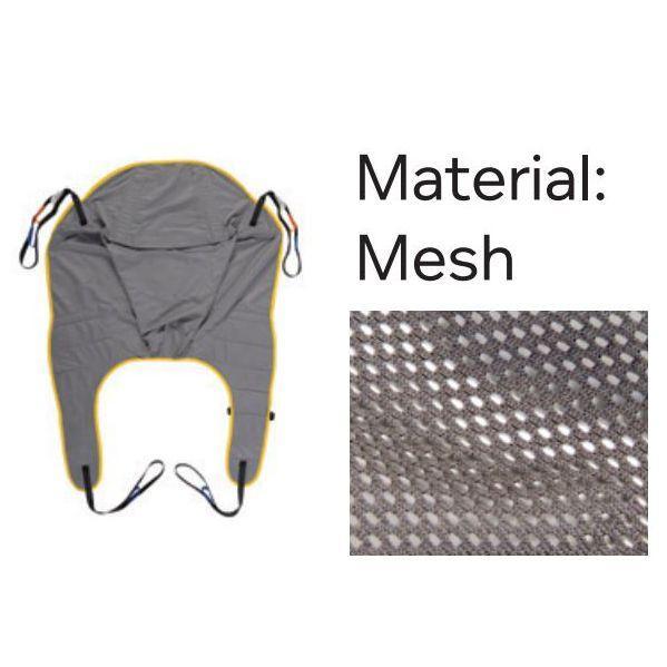 Joerns Hoyer Full Back Polyester Sling with user|Joerns Hoyer Full Back Polyester Sling|Joerns Hoyer Full Back Mesh Sling with closeup of fabric