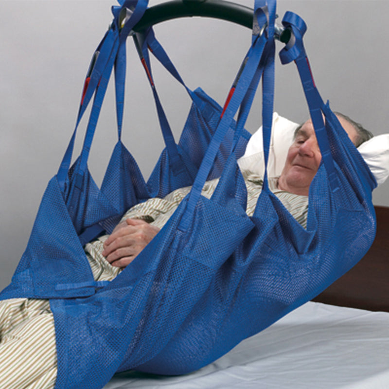Handicare Positioning Sling with Net Mesh with User|Handicare Positioning Sling attached to carry bar
