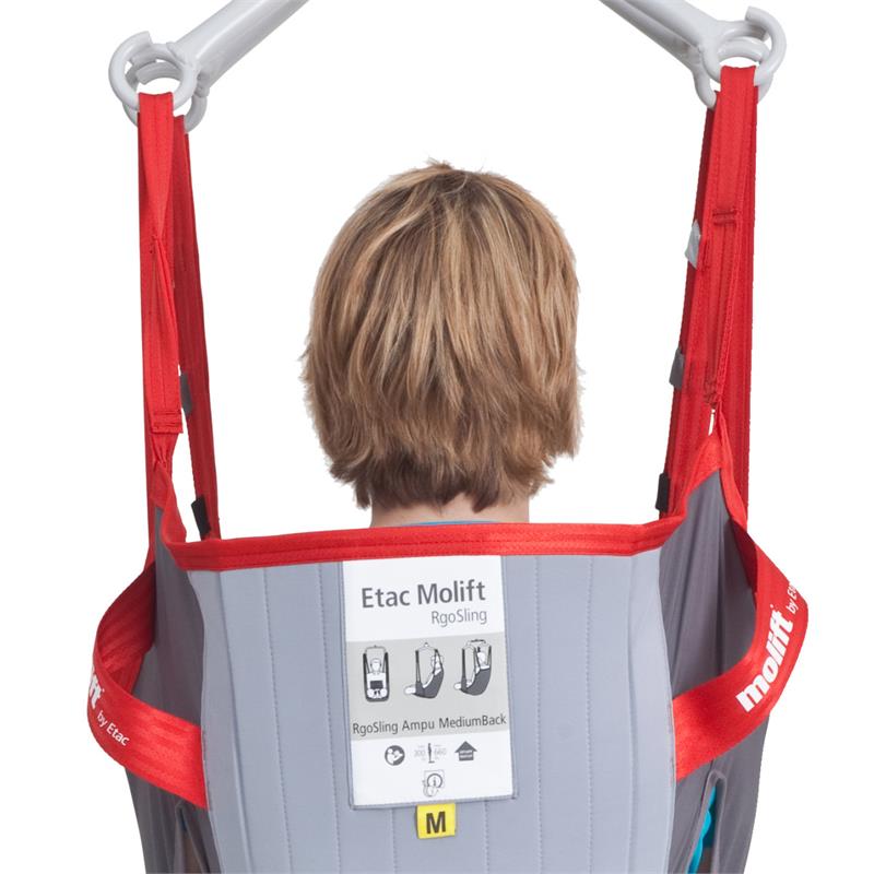 RgoSling Ampu Padded Highbac by Molift - Free Shipping!|Side view of Molift RgoSling Amputee Padded High Back Sling with lift|Back view of RgoSling Amputee Padded High Back Sling|Added trunk support with durable double buckles