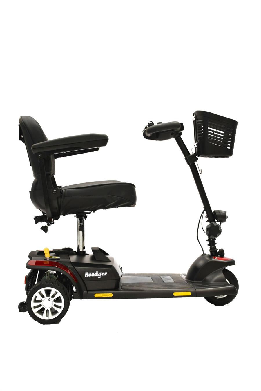 Roaster 3-Wheel From Merits Side View|||Roadster Dissembled|Optional Cane Holder|Optional Foldable Rear Basket|Optional Walker Holder|Optional Canopy without foldable basket|Optional Scooter Cover