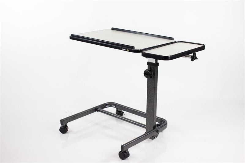 Acrobat Adjustable Overbed Table is great for working, eating or activities|Height adjustments can be made with an easy to access knob|Table comes with 4 locking casters|Diagram shows measurements and degree of tilt for Overbed table