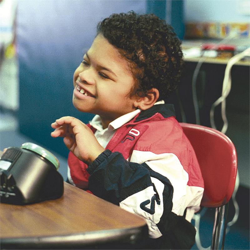 Ablenet LITTLE Step-by-Step Choice Speech Generating Device|Ablenet LITTLE Step-by-Step Choice Speech Generating Device Back View|Button Color Choices|Clear Snap Cap|Child using Ablenet LITTLE Step-by-Step Choice Speech Generating Device