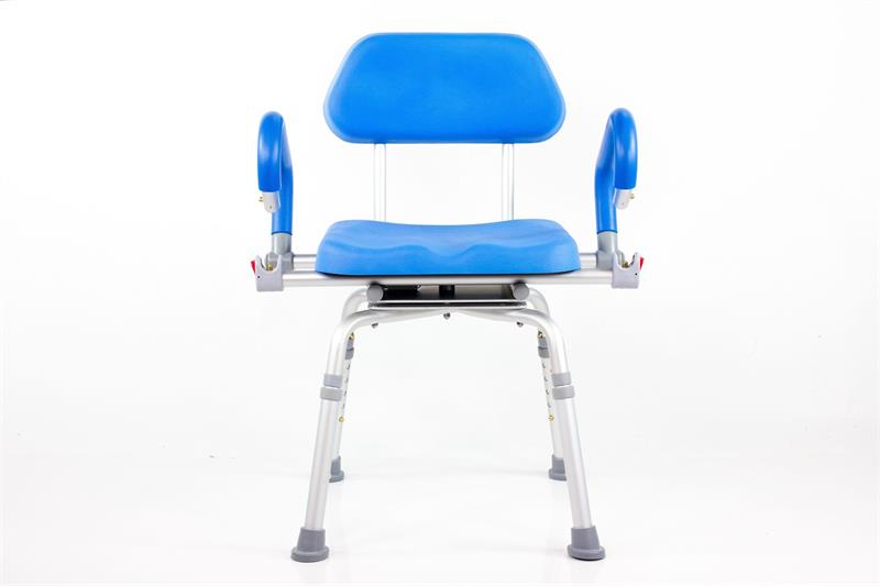 Padding covers back, seat and arms|The Revolution Shower Chair swivels 360 degrees|Padded arms lift independently|Diagram with measurements for The Revolution Shower Chair