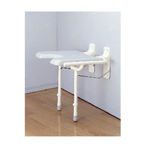 Wall Mounted Shower Seat comes with a plastic seat and aluminum legs|Seat folds up to make more compact in smaller showers