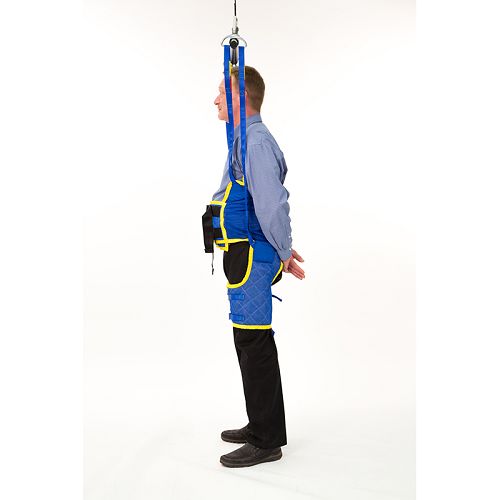 Front view of the Handicare Full Standing Support Sling|Back view of the Handicare Full Standing Support Sling|Side view of the Handicare Full Standing Support Sling|Closeup of waist band of the Full Standing Support Sling|Leg straps for the Full Standing Support Sling are secured with buckles