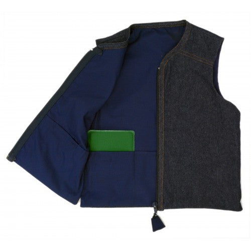 Child wearing the Kozie Clothes Signature Denim Weighted Vest|Back view of the Kozie Clothes Signature Denim Weighted Vest|Pockets allow users to add or subtract weight from vest at will|Vest is easy to zip with tassle zipper|Inside is made from durable cotton with 5 pockets to insert weights|Add and subtract weights as needed|Stylish gold stitching|Additional weights can be purchased