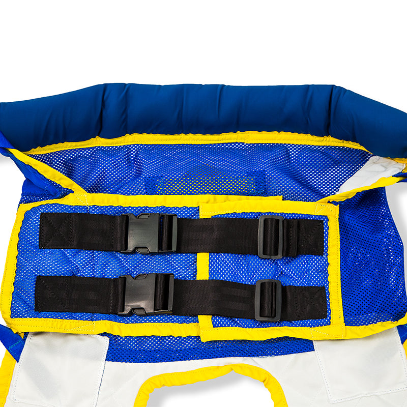 Front view of the Handicare Full Standing Support Sling|Back view of the Handicare Full Standing Support Sling|Side view of the Handicare Full Standing Support Sling|Closeup of waist band of the Full Standing Support Sling|Leg straps for the Full Standing Support Sling are secured with buckles