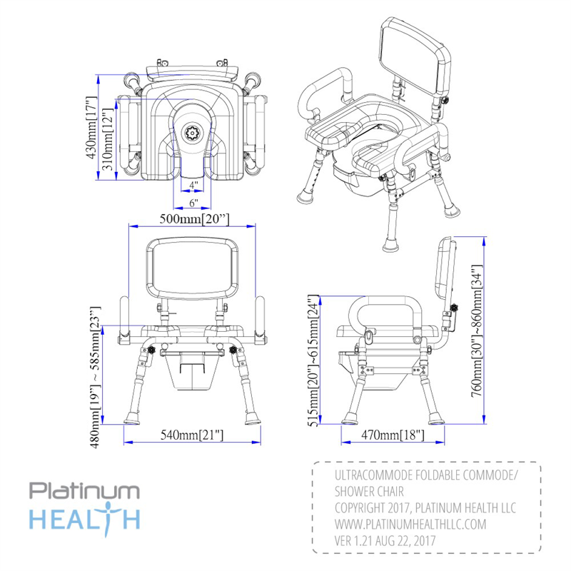 UltraCommode Folding Commode Chair in gray|UltraCommode Folding Commode Chair in blue|Fold compactly for ease of storage anywhere!|UltraCommode Folding Commode Chair folds compactly|Large commode pail comes standard|Chair is lightweight and portable|Seat can be used in the shower|UltraCommode Folding Commode Chair diagram