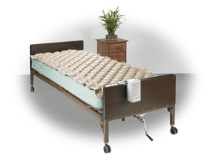 Med-Aire Alternating Pressure Pump and Pad System on mattress|Med Air Alt. Pressure Pump and Pad System Variable Pump and Pad w/ End Flap|Pressure pump is easy to use and hooks to end of bed for easy access|Med-Aire Alternating Pressure Pump and Pad System end flaps out