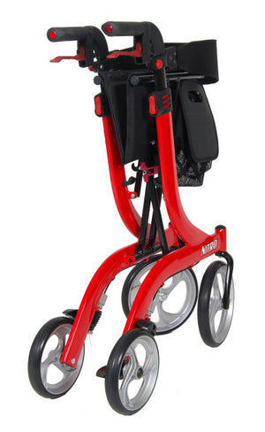 Nitro Aluminum Rollator by Drive Medical in black|Nitro Aluminum Rollator by Drive Medical in white|Nitro Aluminum Rollator by Drive Medical in red|Nitro Aluminum Rollator by Drive Medical in red folded for storage|Nitro Aluminum Rollator by Drive Medical in red back view