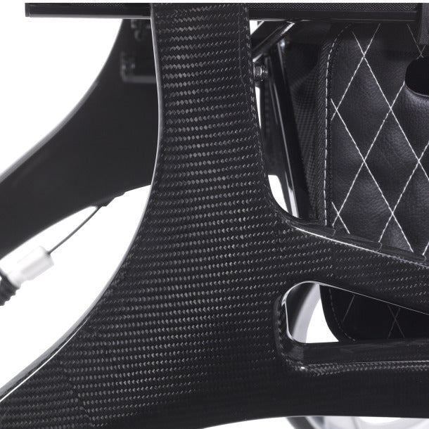 Nitro Elite Carbon Fiber Rollator by Drive Medical|Nitro Elite Carbon Fiber Rollator by Drive Medical with user|Closeup on Carbon Fiber on the Nitro Elite Rollator|Ample storage in the Nitro Elite Carbon Fiber Rollator|Easy to access hand brakes|Large, sleek wheels make the rollator look more modern|Nitro Elite Carbon Fiber Rollator by Drive Medical folds easily