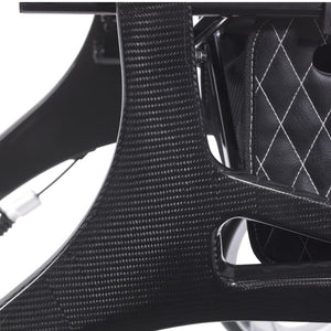 Nitro Elite Carbon Fiber Rollator by Drive Medical|Nitro Elite Carbon Fiber Rollator by Drive Medical with user|Closeup on Carbon Fiber on the Nitro Elite Rollator|Ample storage in the Nitro Elite Carbon Fiber Rollator|Easy to access hand brakes|Large, sleek wheels make the rollator look more modern|Nitro Elite Carbon Fiber Rollator by Drive Medical folds easily