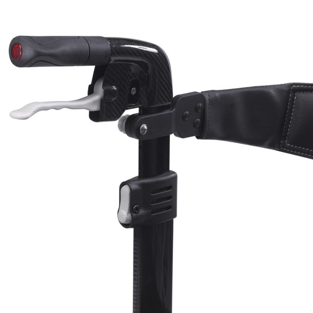 Nitro Elite Carbon Fiber Rollator by Drive Medical|Nitro Elite Carbon Fiber Rollator by Drive Medical with user|Closeup on Carbon Fiber on the Nitro Elite Rollator|Ample storage in the Nitro Elite Carbon Fiber Rollator|Easy to access hand brakes|Large, sleek wheels make the rollator look more modern|Nitro Elite Carbon Fiber Rollator by Drive Medical folds easily