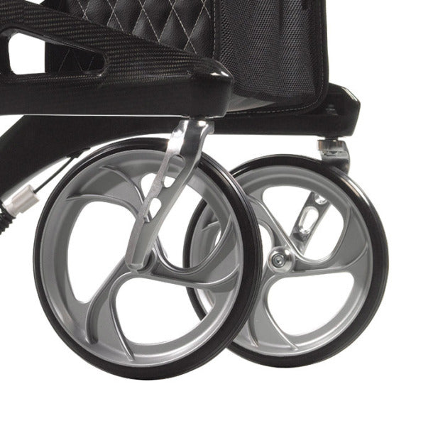 Nitro Elite Carbon Fiber Rollator by Drive Medical|Nitro Elite Carbon Fiber Rollator by Drive Medical with user|Closeup on Carbon Fiber on the Nitro Elite Rollator|Ample storage in the Nitro Elite Carbon Fiber Rollator|Easy to access hand brakes|Large, sleek wheels make the rollator look more modern|Nitro Elite Carbon Fiber Rollator by Drive Medical folds easily