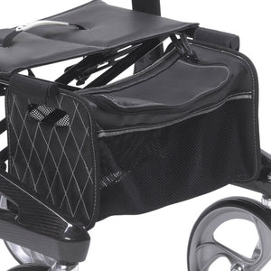 Nitro Elite Carbon Fiber Rollator by Drive Medical|Nitro Elite Carbon Fiber Rollator by Drive Medical with user|Closeup on Carbon Fiber on the Nitro Elite Rollator|Ample storage in the Nitro Elite Carbon Fiber Rollator|Easy to access hand brakes|Large, sleek wheels make the rollator look more modern|Nitro Elite Carbon Fiber Rollator by Drive Medical folds easily