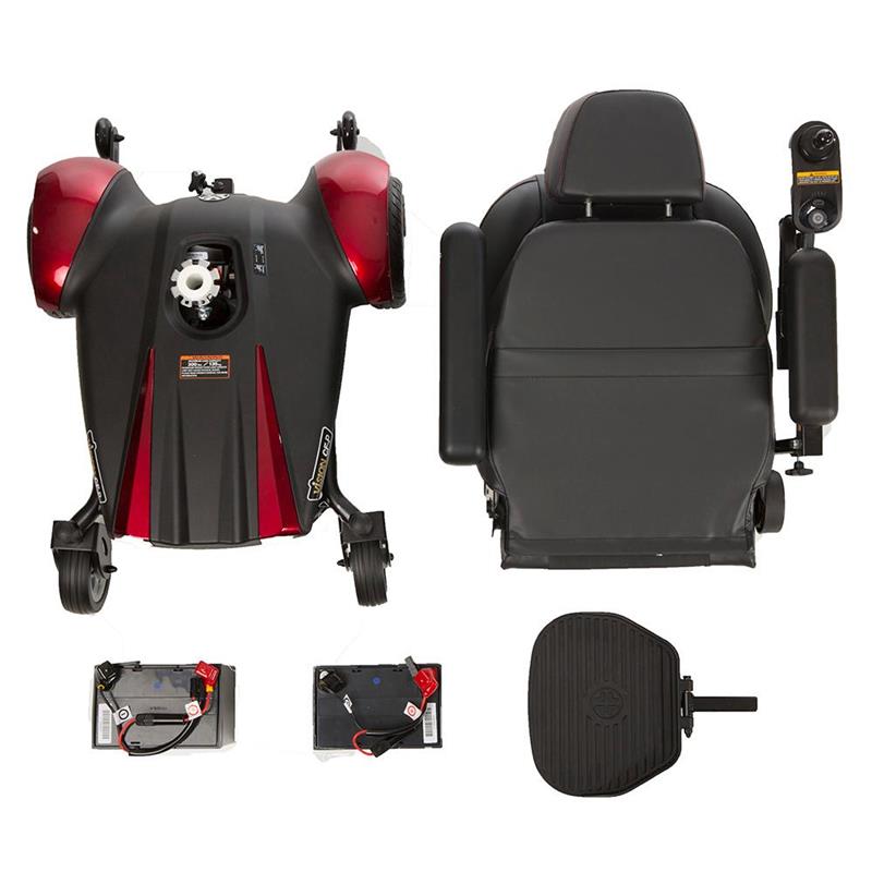 Vision CF Power Wheelchair by Merits|Can be disassembled for transport|Flip up foot platform  and anti-tipper front casters|Easy to use fixed in place joystick and speed control