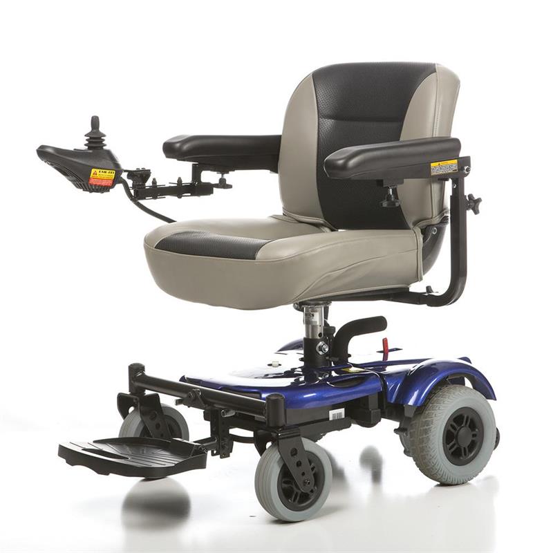 EZ Go Deluxe |EZ-GO Travel Power Wheelchair by Merits in Blue|Easy to disassemble in three pieces for transport|Transport is a breeze with a folding seat and two frame pieces||Ez Go Deluxe Side View 2|EZ GO Deluxe Side View||