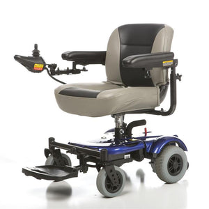 EZ Go Deluxe |EZ-GO Travel Power Wheelchair by Merits in Blue|Easy to disassemble in three pieces for transport|Transport is a breeze with a folding seat and two frame pieces||Ez Go Deluxe Side View 2|EZ GO Deluxe Side View||