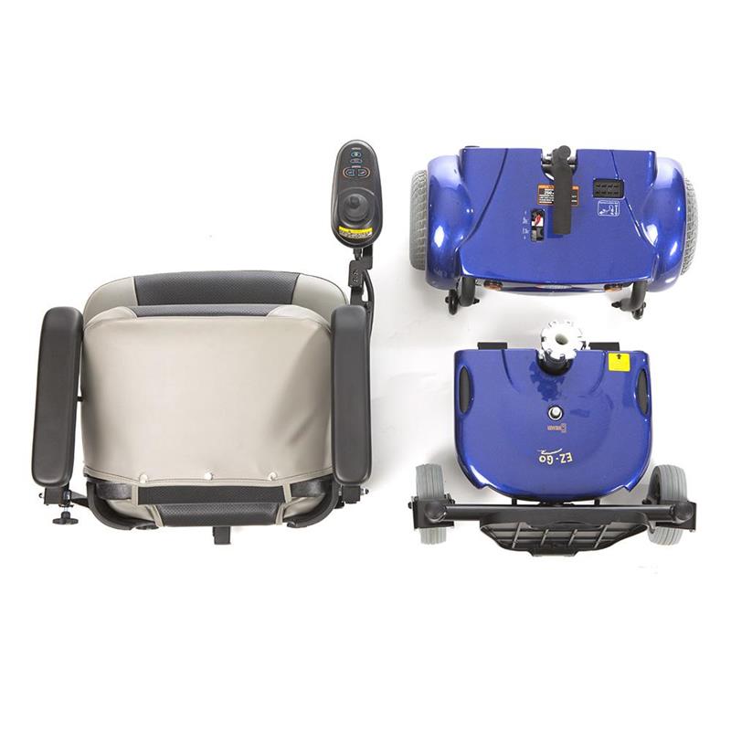 EZ Go Deluxe |EZ-GO Travel Power Wheelchair by Merits in Blue|Easy to disassemble in three pieces for transport|Transport is a breeze with a folding seat and two frame pieces||Ez Go Deluxe Side View 2|EZ GO Deluxe Side View||