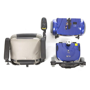 EZ Go Deluxe |EZ-GO Travel Power Wheelchair by Merits in Blue|Easy to disassemble in three pieces for transport|Transport is a breeze with a folding seat and two frame pieces||Ez Go Deluxe Side View 2|EZ GO Deluxe Side View||