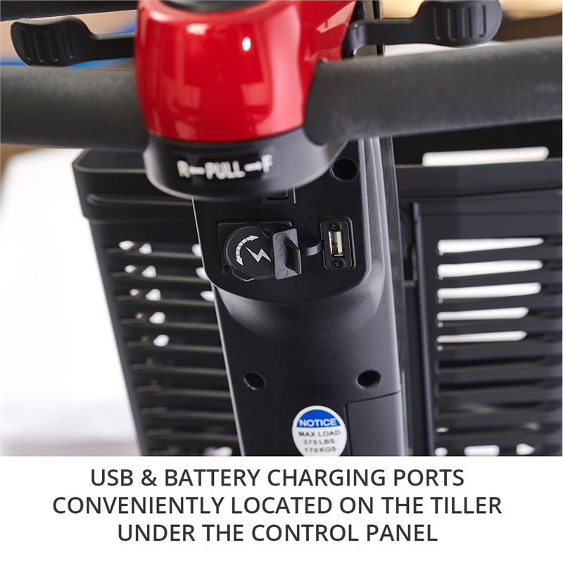 USB and battery charging port on the tiller of the Buzzaround LX