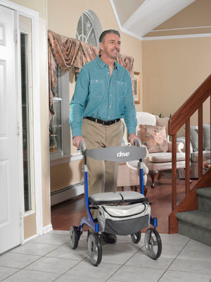 Nitro DLX Rollator by Drive Medical in Champagne|Nitro DLX Rollator by Drive Medical in Blue|Nitro DLX Rollator by Drive Medical with user in Blue