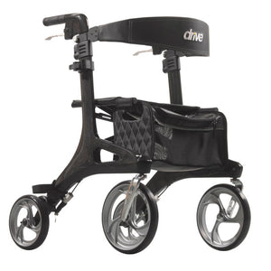 Nitro Elite Carbon Fiber Rollator by Drive Medical|Nitro Elite Carbon Fiber Rollator by Drive Medical with user|Closeup on Carbon Fiber on the Nitro Elite Rollator|Ample storage in the Nitro Elite Carbon Fiber Rollator|Easy to access hand brakes|Large, sleek wheels make the rollator look more modern|Nitro Elite Carbon Fiber Rollator by Drive Medical folds easily