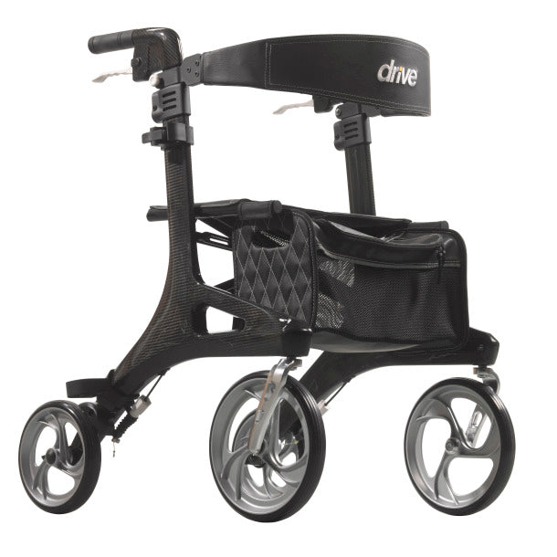Nitro Elite Carbon Fiber Rollator by Drive Medical|Nitro Elite Carbon Fiber Rollator by Drive Medical with user|Closeup on Carbon Fiber on the Nitro Elite Rollator|Ample storage in the Nitro Elite Carbon Fiber Rollator|Easy to access hand brakes|Large, sleek wheels make the rollator look more modern|Nitro Elite Carbon Fiber Rollator by Drive Medical folds easily