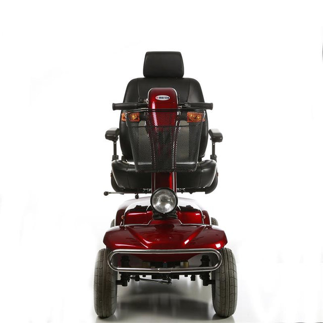 Merits Pioneer 10 4-Wheel Scooter in Red|Merits Pioneer 10 4-Wheel Scooter in Red|Merits Pioneer 10 4-Wheel Scooter in Red|Back of Merits Pioneer 10 4-Wheel Scooter in Red|Optional Weather Cover|Optional Canopy without foldable basket|Optional Oxygen Tank Holder|Optional Walker Holder|Optional Cane Holder|Optional Foldable Rear Basket|Optional Foldable Rear Basket