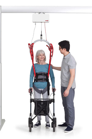 Molift RgoSling Ambulating Vest is best for those with some core stability|Molift RgoSling Ambulating Vest pictured with groin straps|Molift RgoSling Ambulating Vest with user, caregiver and walker|Molift RgoSling Ambulating Vest while gait training|Wide support on the back with groin straps for added protection|Sling bar loops and double buckle system for safety