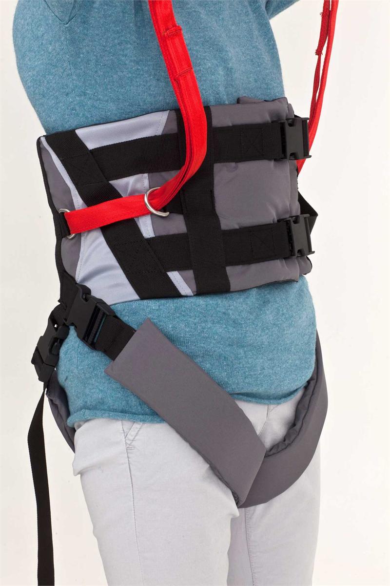 Molift RgoSling Ambulating Vest is best for those with some core stability|Molift RgoSling Ambulating Vest pictured with groin straps|Molift RgoSling Ambulating Vest with user, caregiver and walker|Molift RgoSling Ambulating Vest while gait training|Wide support on the back with groin straps for added protection|Sling bar loops and double buckle system for safety