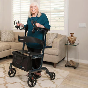 UPWalker Lite Mobility Stand Up Walking Aid by LifeWalker|UPWalker Lite Mobility Stand Up Walking Aid by LifeWalker with user|Optional flashlight attaches to your walker to light dark paths|Add tons of storage with the Luxury Personal Item Bag|Great for shopping trips, the optional Shopping Bag straps on the front