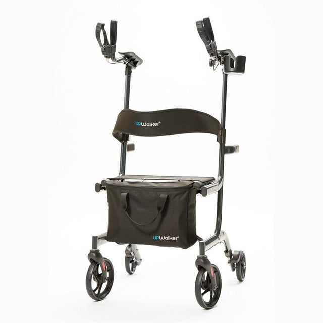 UPWalker Lite Mobility Stand Up Walking Aid by LifeWalker|UPWalker Lite Mobility Stand Up Walking Aid by LifeWalker with user|Optional flashlight attaches to your walker to light dark paths|Add tons of storage with the Luxury Personal Item Bag|Great for shopping trips, the optional Shopping Bag straps on the front