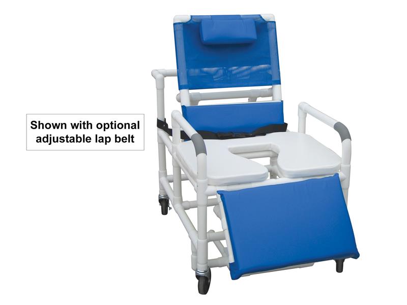 Bariatric Reclining Chair with 30" Elongated Soft Seat with lap belt|10 Quart commode pail comes standard with 196-30-BAR-SSDE|Cover is an optional accessory for 30" Seat and covers entire frame|Optional Lap Bar helps to stabilize users|Color choices for Shower Chair