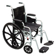 Poly-Fly Transport Chair is available with 18" or 20" wide seat|Large self-propelling wheels are easy to remove|Quick-release push button allows for easy removal of wheels