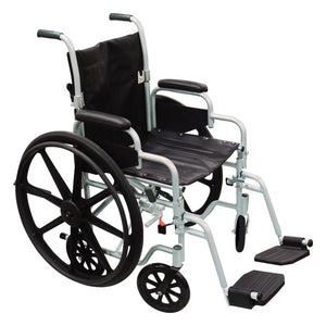 Poly-Fly Transport Chair is available with 18" or 20" wide seat|Large self-propelling wheels are easy to remove|Quick-release push button allows for easy removal of wheels