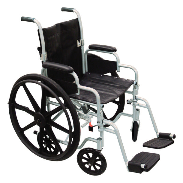 Poly-Fly Transport Chair is available with 18" or 20" wide seat|Large self-propelling wheels are easy to remove|Quick-release push button allows for easy removal of wheels