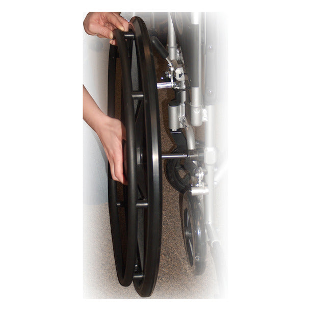 Poly-Fly Transport Chair is available with 18" or 20" wide seat|Large self-propelling wheels are easy to remove|Quick-release push button allows for easy removal of wheels