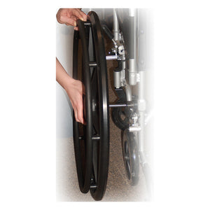 Poly-Fly Transport Chair is available with 18" or 20" wide seat|Large self-propelling wheels are easy to remove|Quick-release push button allows for easy removal of wheels