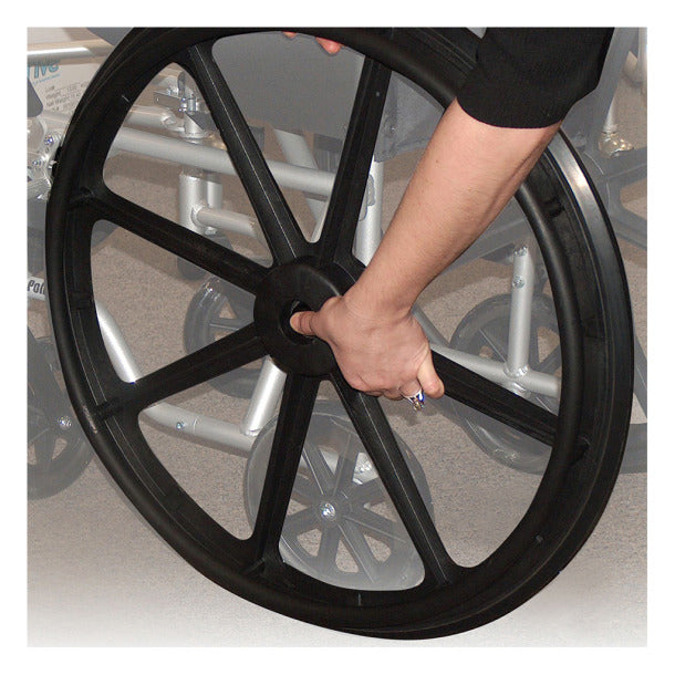 Poly-Fly Transport Chair is available with 18" or 20" wide seat|Large self-propelling wheels are easy to remove|Quick-release push button allows for easy removal of wheels